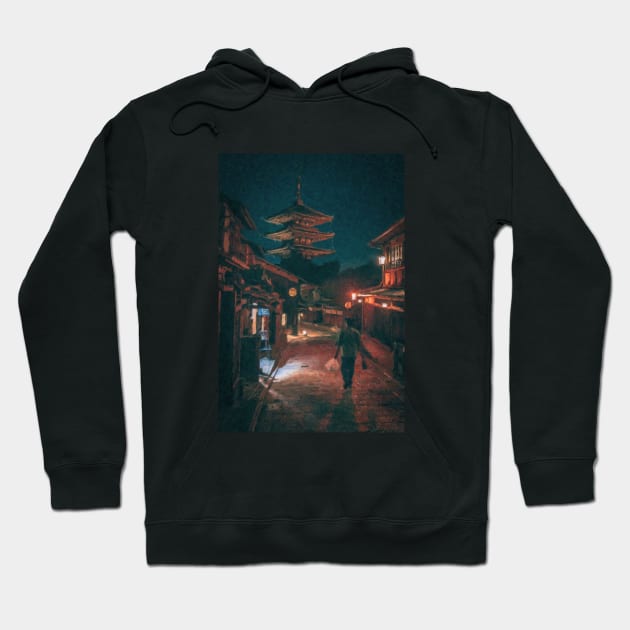 Japan Streets at Night painting Hoodie by SatisfyingPaintings2